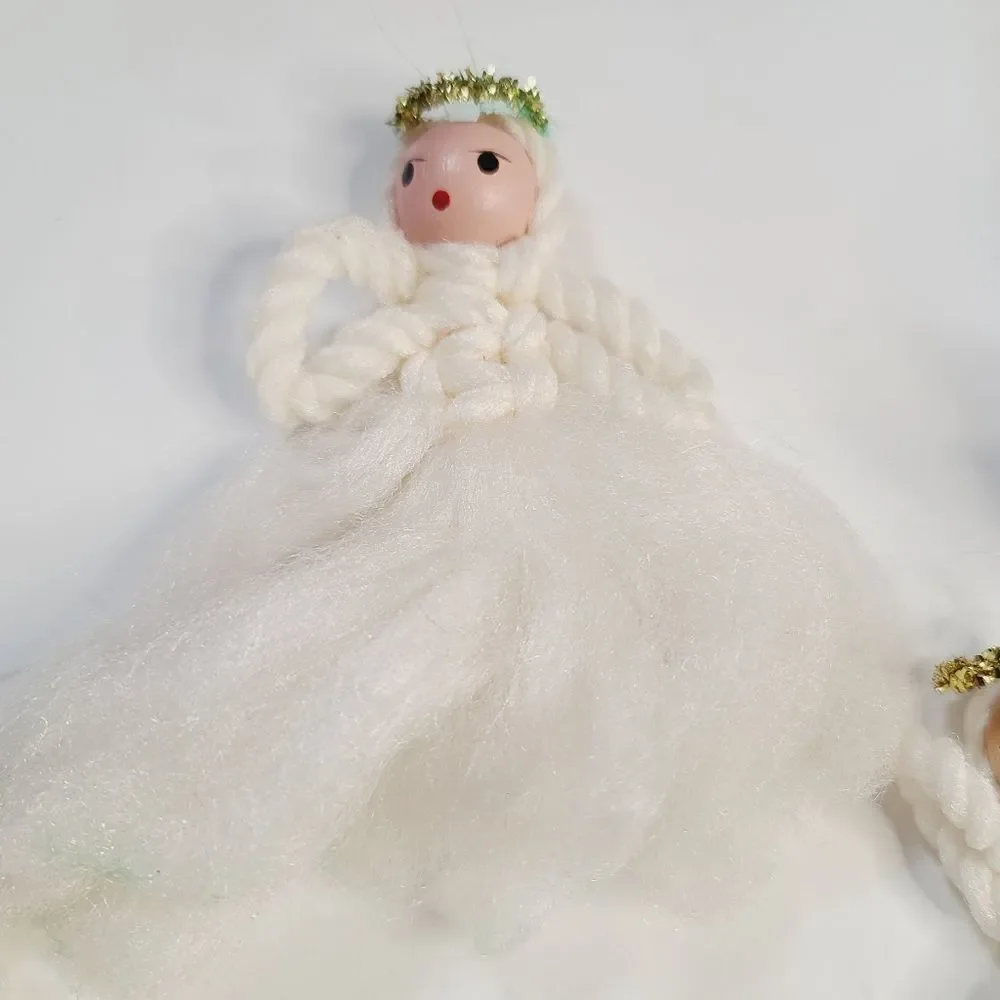 Vintage Macrame Wood Fluffy Angel Ornament Lot of 6
